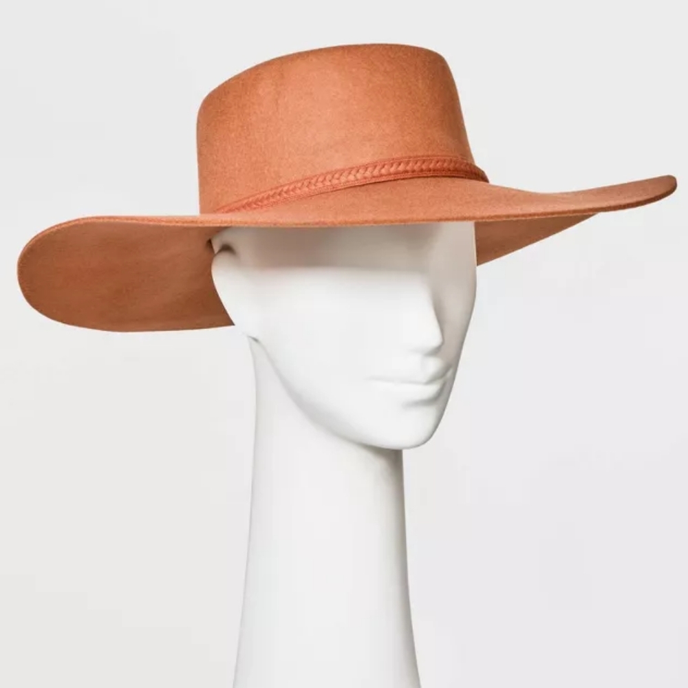 NWT Universal Thread Wide Brim Felt Boater Hat with Decorative Band Rust Color - Picture 2 of 6